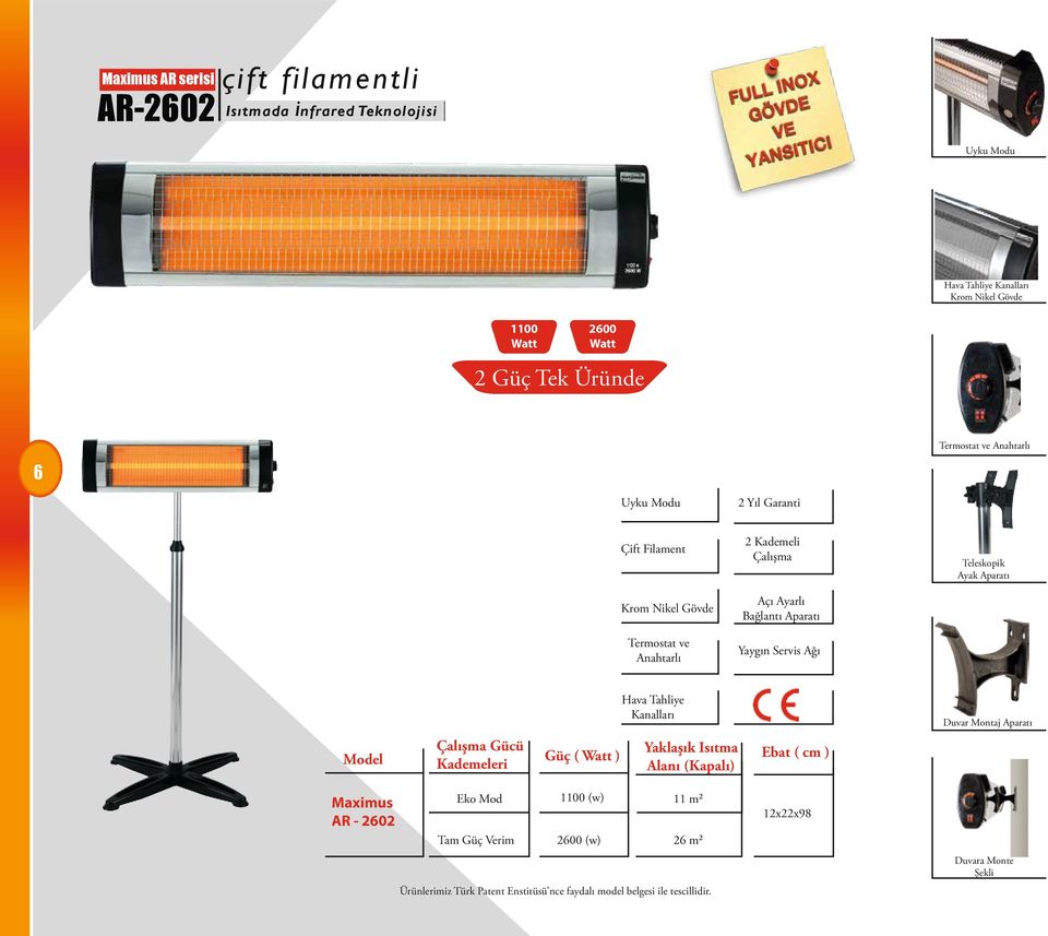 Çift Filament 2 Kademeli Çalışma Teleskopik Ayak Aparatı Krom Nikel Gövde Açı Ayarlı Bağlantı Aparatı Termostat ve Anahtarlı Hava Tahliye Kanalları Duvar