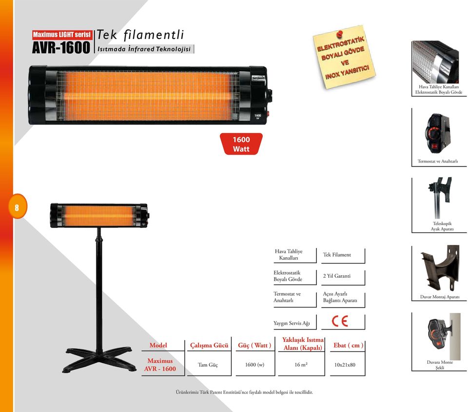 Aparatı Hava Tahliye Kanalları Tek Filament Elektrostatik Boyalı Gövde Termostat ve Anahtarlı Açısı Ayarlı Bağlantı Aparatı Duvar