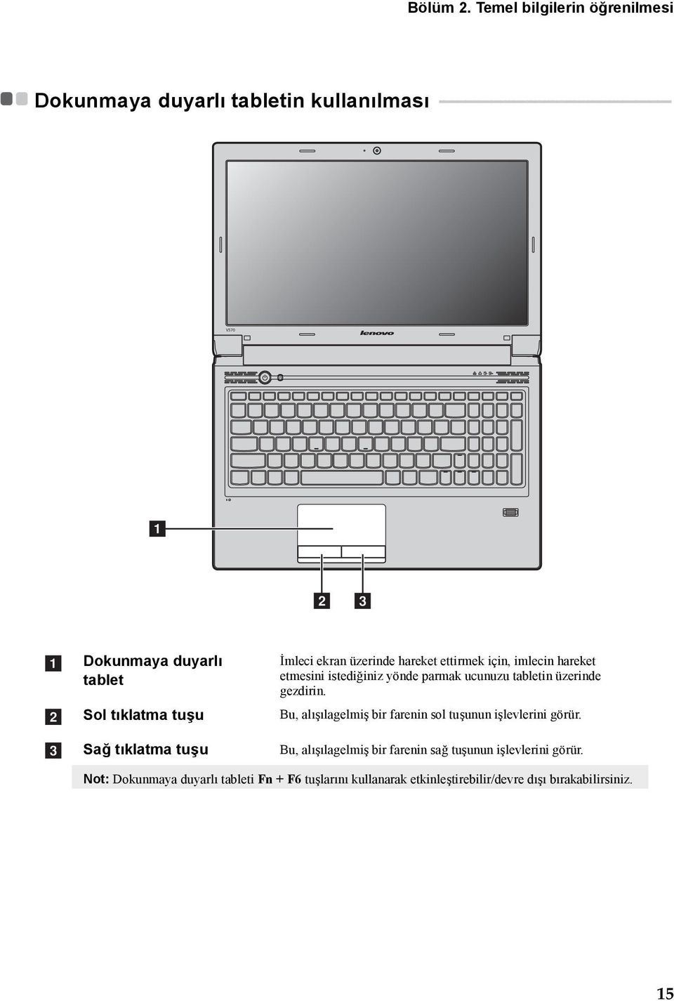 - - - - - - - - - - V570 a b c a b c Dokunmaya duyarlı tablet Sol tıklatma tuşu Sağ tıklatma tuşu İmleci ekran üzerinde hareket ettirmek için, imlecin