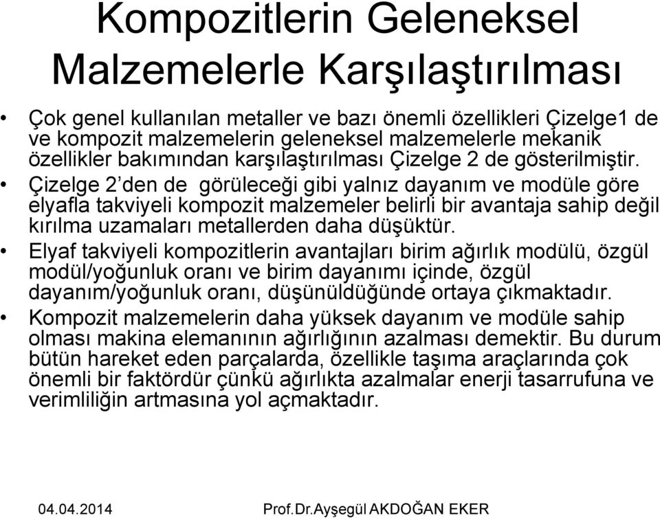 Çizelge 2 den de görüleceği gibi yalnız dayanım ve modüle göre elyafla takviyeli kompozit malzemeler belirli bir avantaja sahip değil kırılma uzamaları metallerden daha düşüktür.