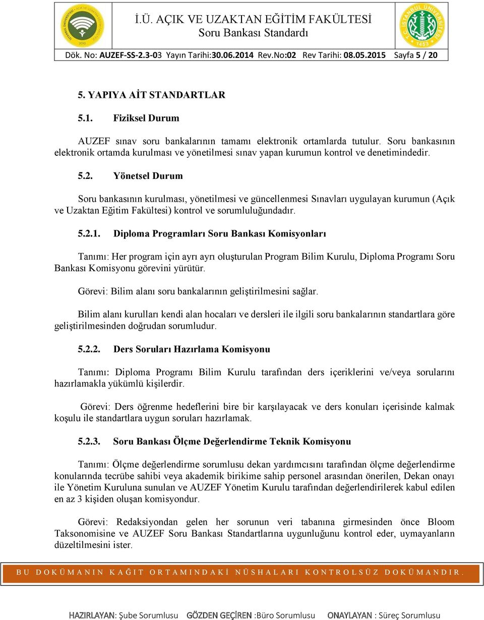 Yönetsel Durum Soru bankasının kurulması, yönetilmesi ve güncellenmesi Sınavları uygulayan kurumun (Açık ve Uzaktan Eğitim Fakültesi) kontrol ve sorumluluğundadır. 5.2.1.