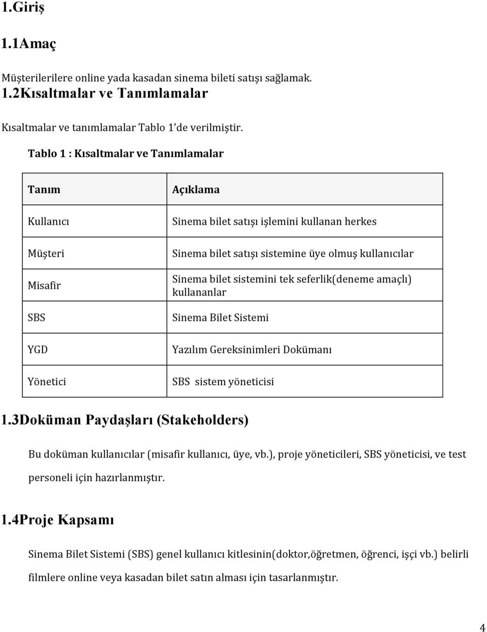 Sinema bilet sistemini tek seferlik(deneme amaçlı) kullananlar Sinema Bilet Sistemi Yazılım Gereksinimleri Dokümanı SBS sistem yöneticisi 1.