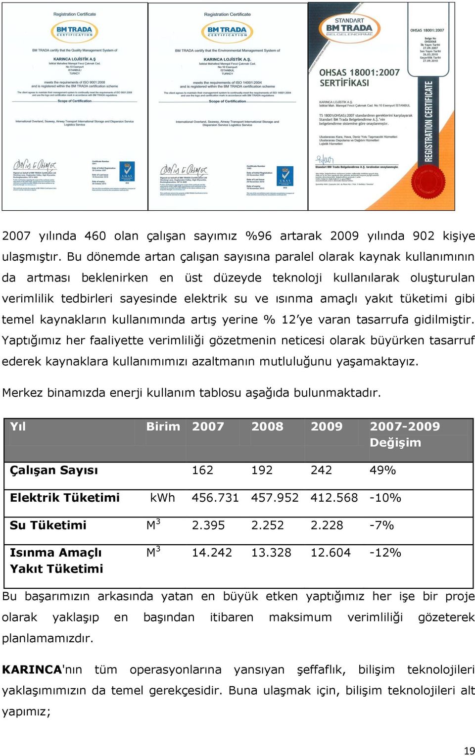 amaçlı yakıt tüketimi gibi temel kaynakların kullanımında artış yerine % 12 ye varan tasarrufa gidilmiştir.