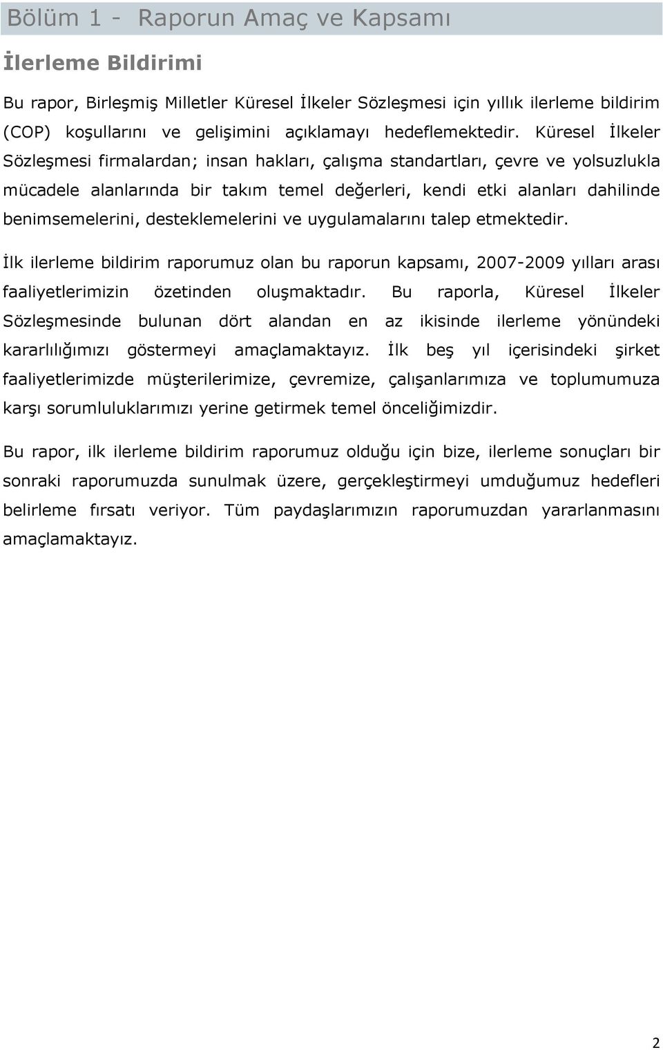 desteklemelerini ve uygulamalarını talep etmektedir. İlk ilerleme bildirim raporumuz olan bu raporun kapsamı, 2007-2009 yılları arası faaliyetlerimizin özetinden oluşmaktadır.