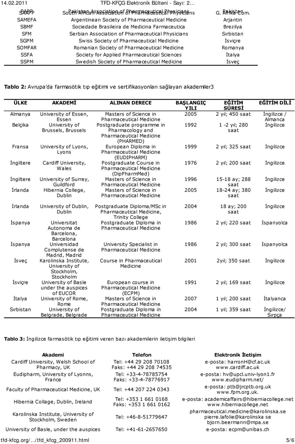 Romanian Society of Romanya SSFA Society for Applied Pharmaceutical Sciences İtalya SSPM Swedish Society of İsveç Tablo 2: Avrupa da farmasötik tıp eğitimi ve sertifikasyonları sağlayan akademiler3