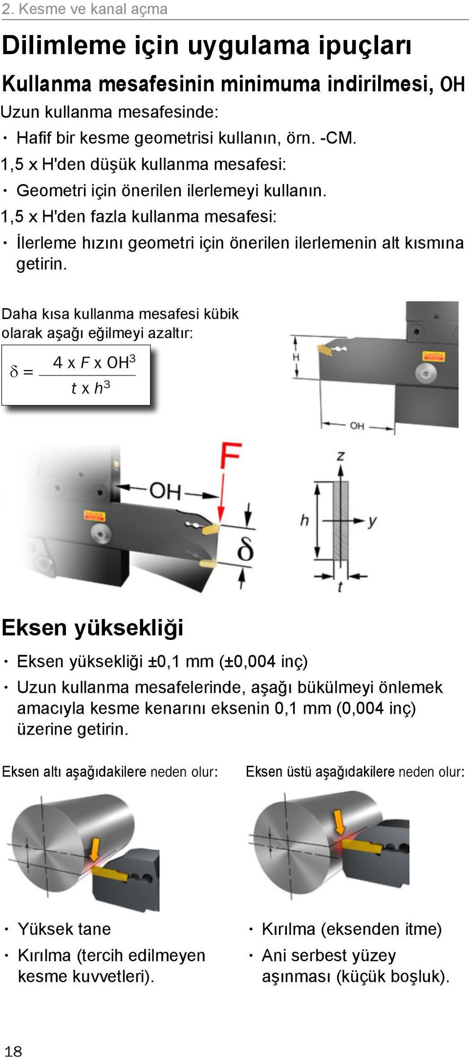 Daha kısa kullanma mesafesi kübik olarak aşağı eğilmeyi azaltır: δ = 4 x F x OH 3 t x h 3 Eksen yüksekliği Eksen yüksekliği ±0,1 mm (±0,004 inç) Uzun kullanma mesafelerinde, aşağı bükülmeyi önlemek