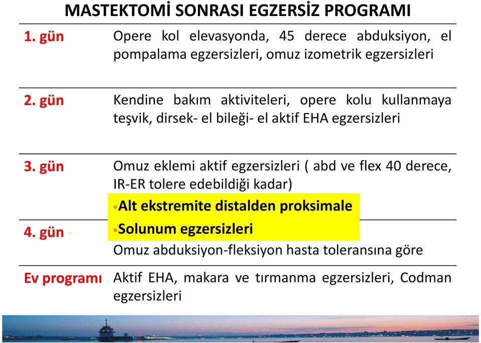 gün Kendine bakım aktiviteleri, opere kolu kullanmaya teşvik, dirsek- el bileği- el aktif EHA egzersizleri 3.