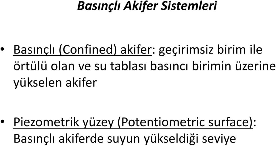 birimin üzerine yükselen akifer Piezometrik yüzey