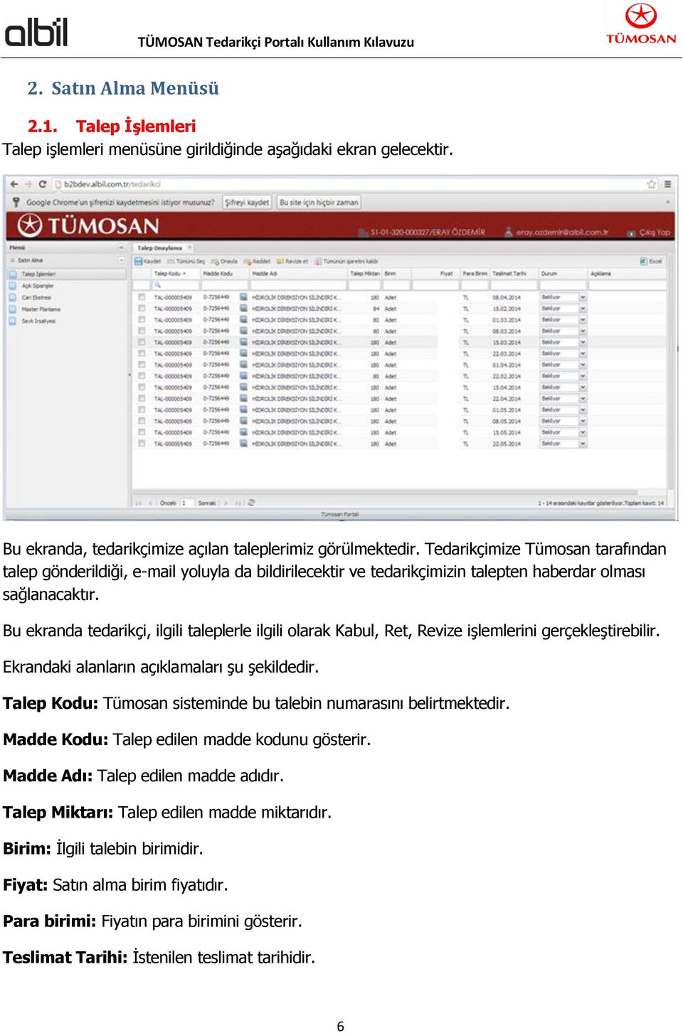 Bu ekranda tedarikçi, ilgili taleplerle ilgili olarak Kabul, Ret, Revize işlemlerini gerçekleştirebilir. Ekrandaki alanların açıklamaları şu şekildedir.