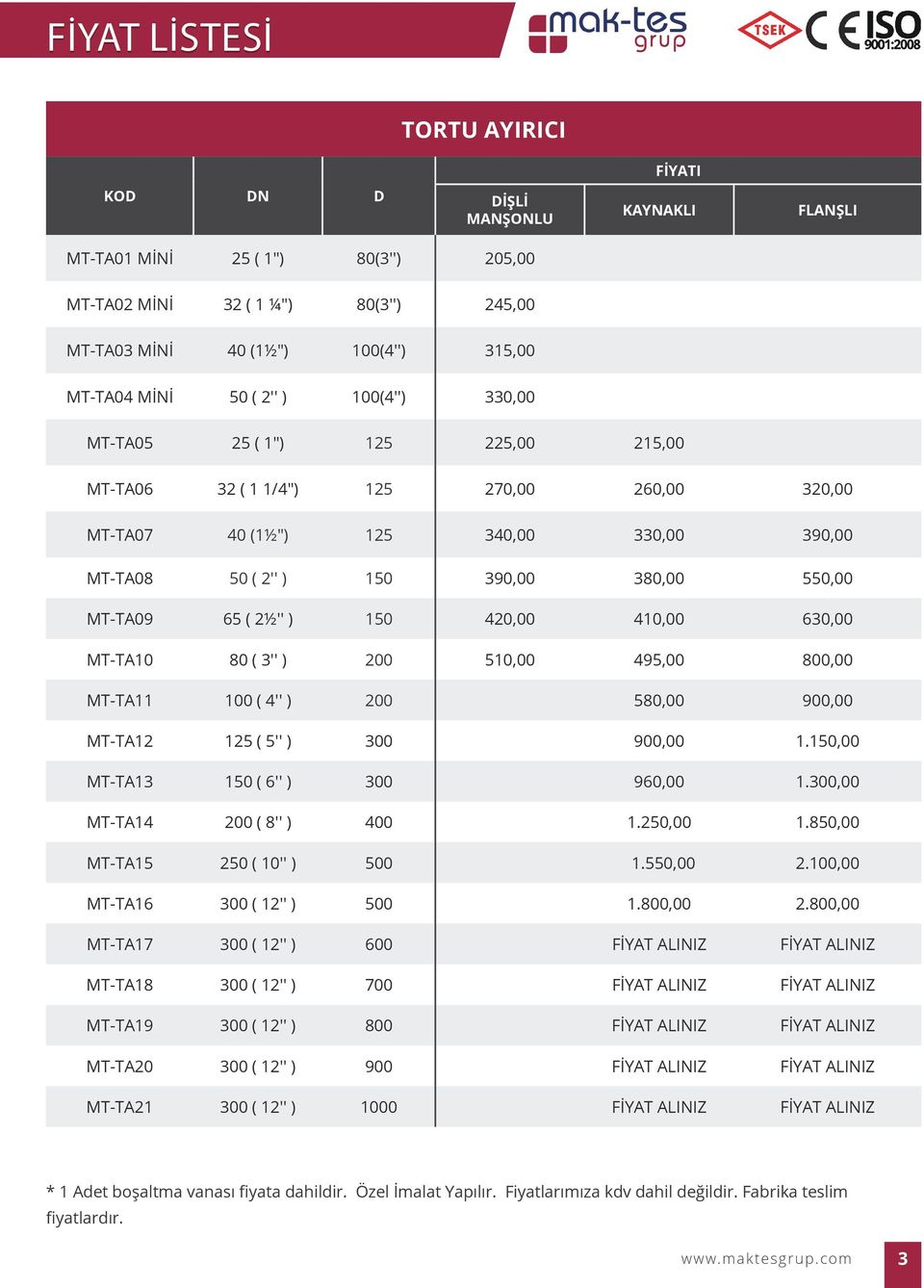 65 ( 2½'' ) 150 420,00 410,00 630,00 MT-TA10 80 ( 3'' ) 200 510,00 495,00 800,00 MT-TA11 100 ( 4'' ) 200 580,00 900,00 MT-TA12 125 ( 5'' ) 300 900,00 1.150,00 MT-TA13 150 ( 6'' ) 300 960,00 1.