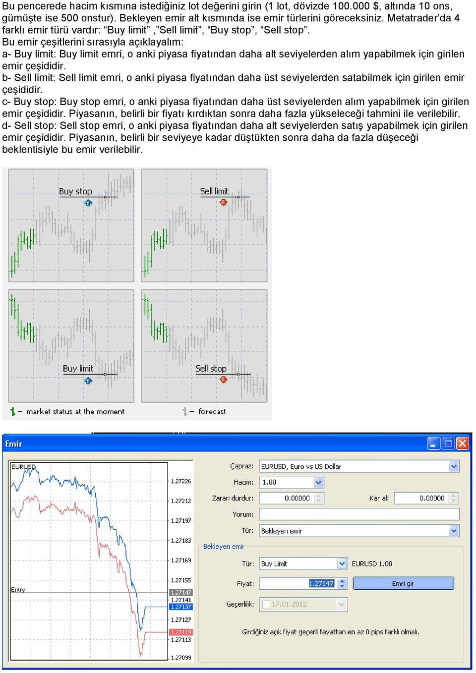 Bu emir çeşitlerini sırasıyla açıklayalım: a- Buy limit: Buy limit emri, o anki piyasa fiyatından daha alt seviyelerden alım yapabilmek için girilen emir çeşididir.