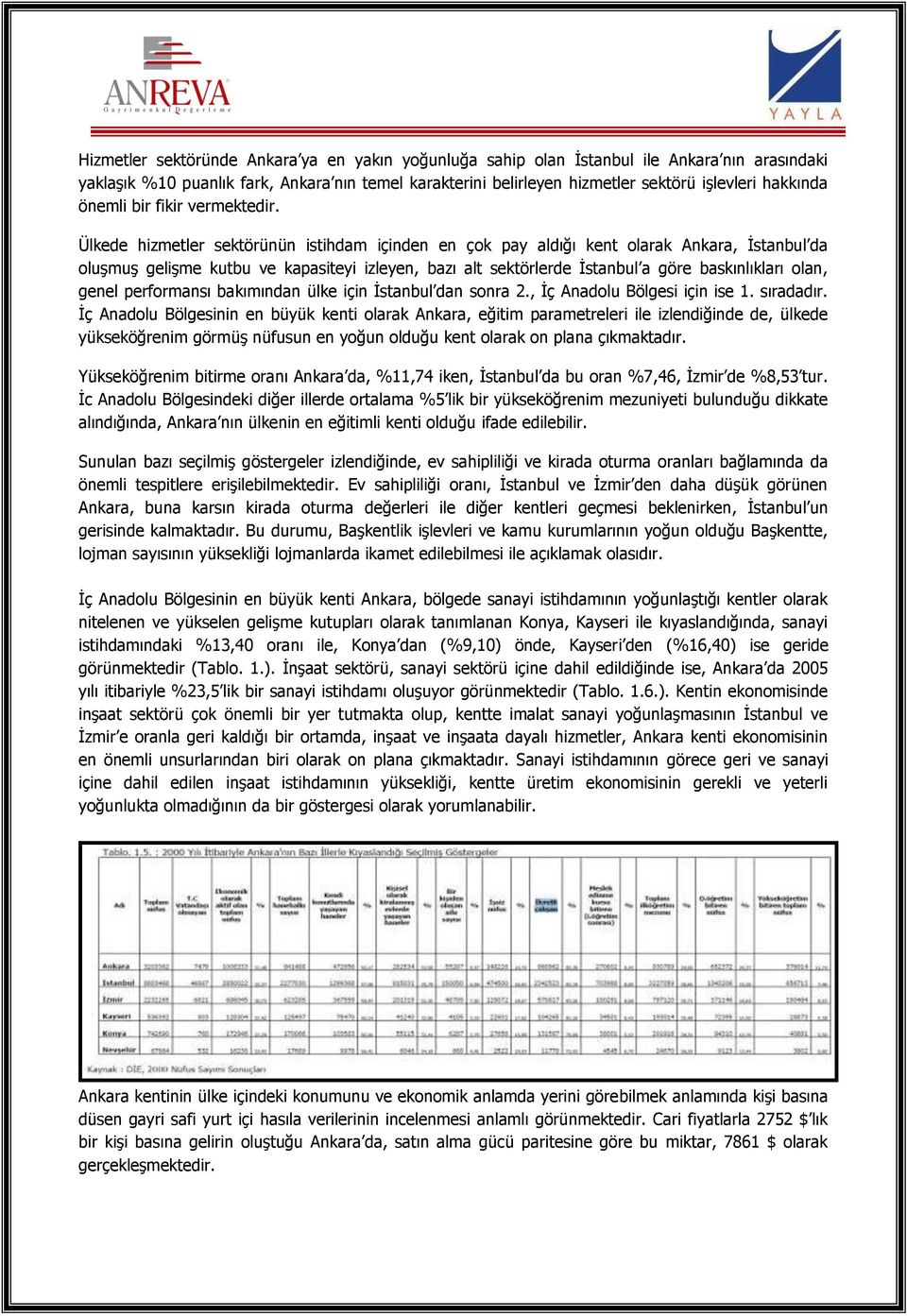 Ülkede hizmetler sektörünün istihdam içinden en çok pay aldığı kent olarak Ankara, İstanbul da oluşmuş gelişme kutbu ve kapasiteyi izleyen, bazı alt sektörlerde İstanbul a göre baskınlıkları olan,