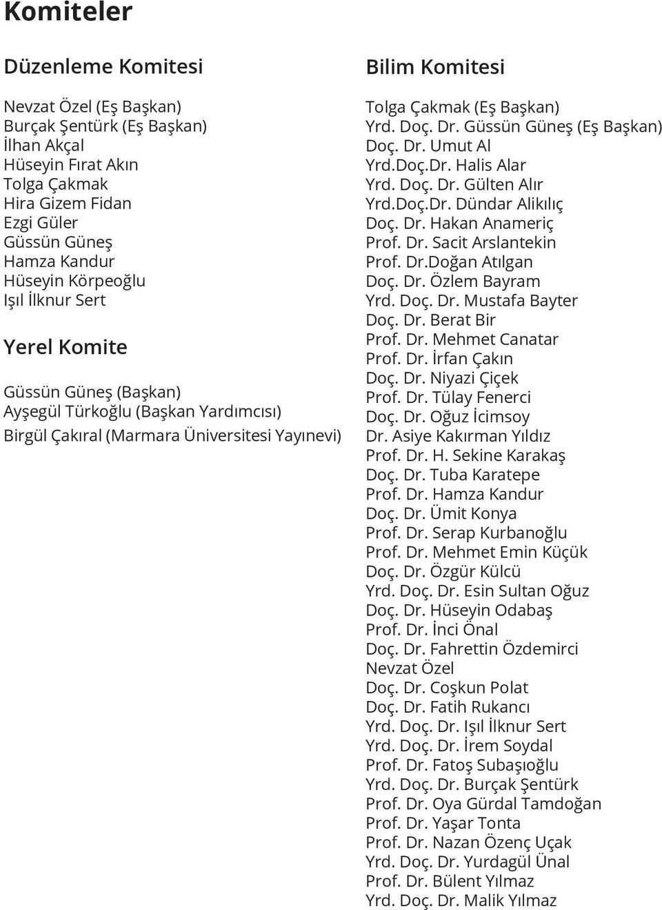 Güssün Güneş (Eş Başkan) Doç. Dr. Umut Al Yrd.Doç.Dr. Halis Alar Yrd. Doç. Dr. Gülten Alır Yrd.Doç.Dr. Dündar Alikılıç Doç. Dr. Hakan Anameriç Prof. Dr. Sacit Arslantekin Prof. Dr.Doğan Atılgan Doç.