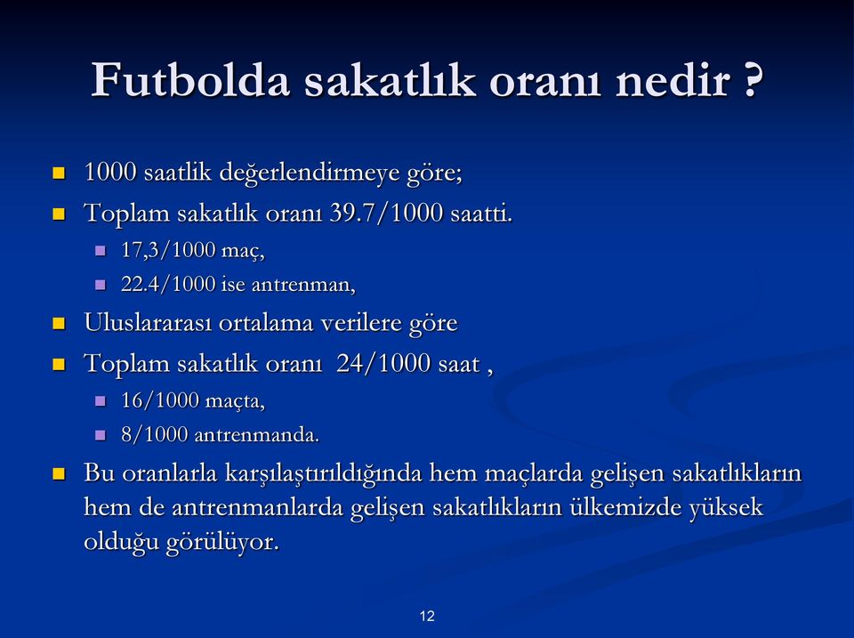 4/1000 ise antrenman, Uluslararası ortalama verilere göre Toplam sakatlık oranı 24/1000 saat,