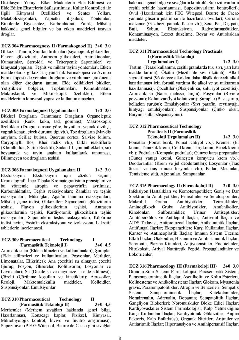 ECZ 304 Pharmacognosy II (Farmakognozi II) 2+0 3,0 Glikozit: Tanımı, Sınıflandırılmaları (siyanojenik glikozitler, Flavon glikozitleri, Antrasen glikozitleri, Antrakinonlar, Kumarinlar, Steroidal ve