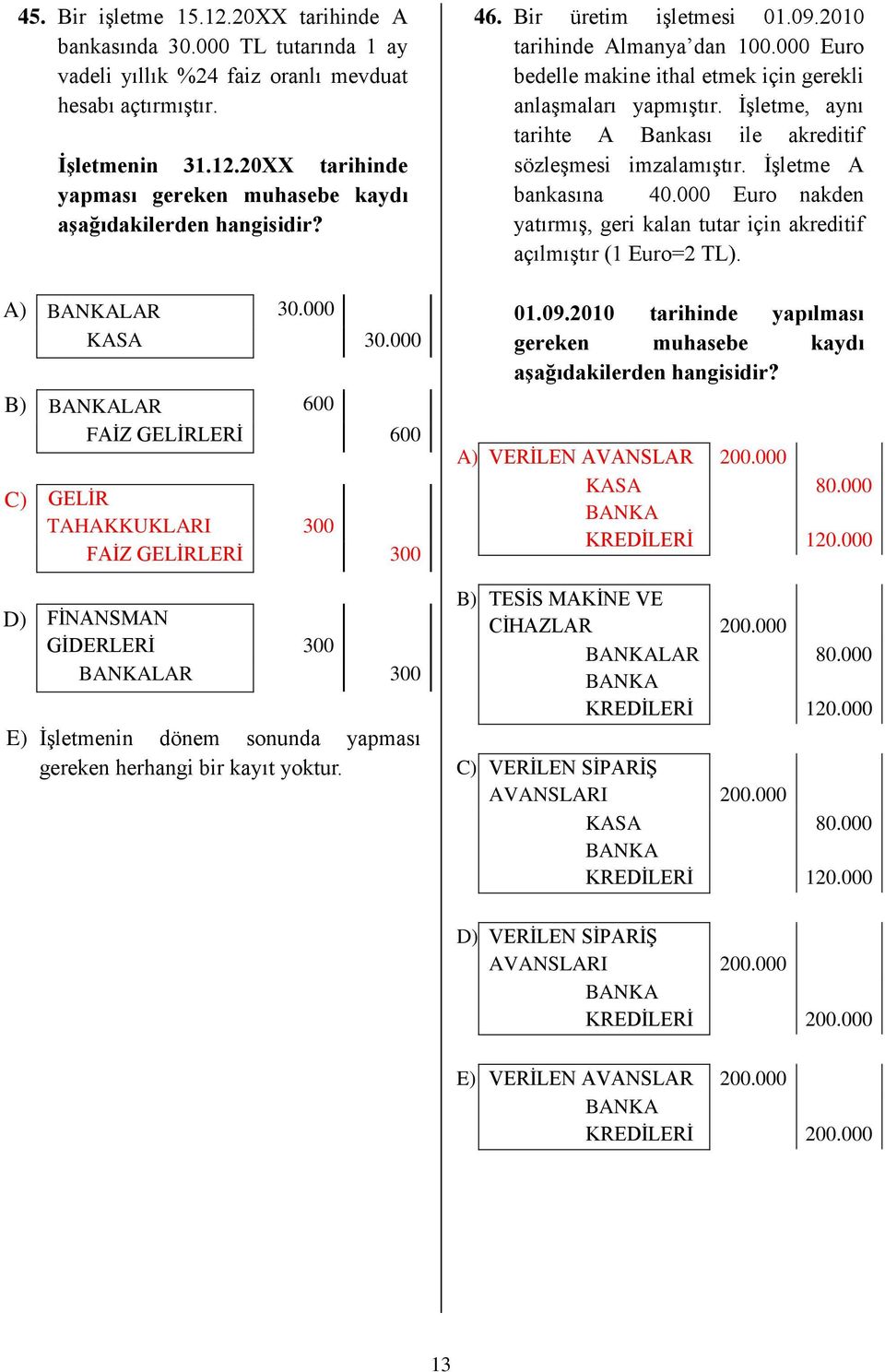 000 Euro bedelle makine ithal etmek için gerekli anlaşmaları yapmıştır. İşletme, aynı tarihte A Bankası ile akreditif sözleşmesi imzalamıştır. İşletme A bankasına 40.