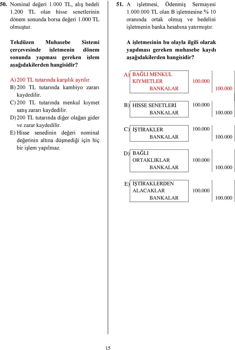 C) 200 TL tutarında menkul kıymet satış zararı kaydedilir. D) 200 TL tutarında diğer olağan gider ve zarar kaydedilir.