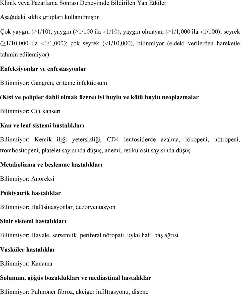 dahil olmak üzere) iyi huylu ve kötü huylu neoplazmalar Bilinmiyor: Cilt kanseri Kan ve lenf sistemi hastalıkları Bilinmiyor: Kemik iliği yetersizliği, CD4 lenfositlerde azalma, lökopeni, nötropeni,