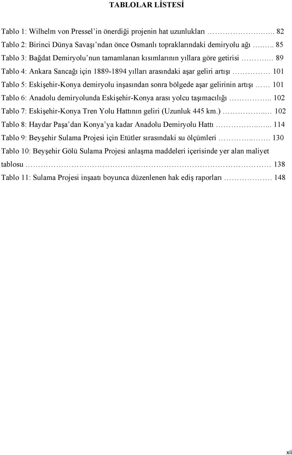 89 Tablo 4: Ankara Sancağı için 1889-1894 yılları arasındaki aşar geliri artışı 101 Tablo 5: Eskişehir-Konya demiryolu inşasından sonra bölgede aşar gelirinin artışı 101 Tablo 6: Anadolu demiryolunda