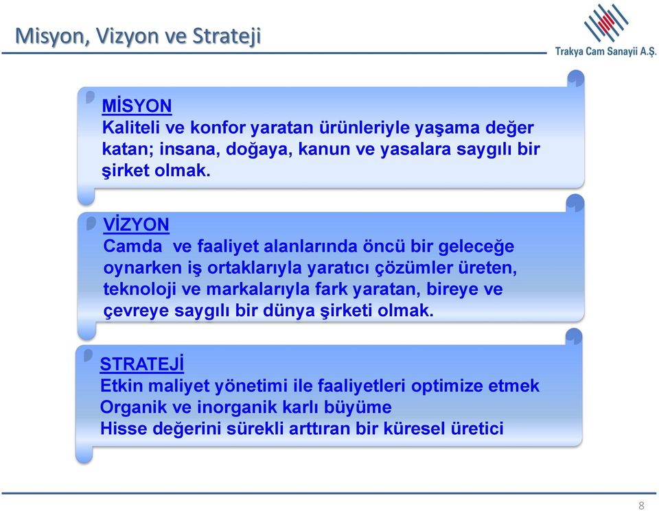 VİZYON Camda ve faaliyet alanlarında öncü bir geleceğe oynarken iş ortaklarıyla yaratıcı çözümler üreten, teknoloji ve