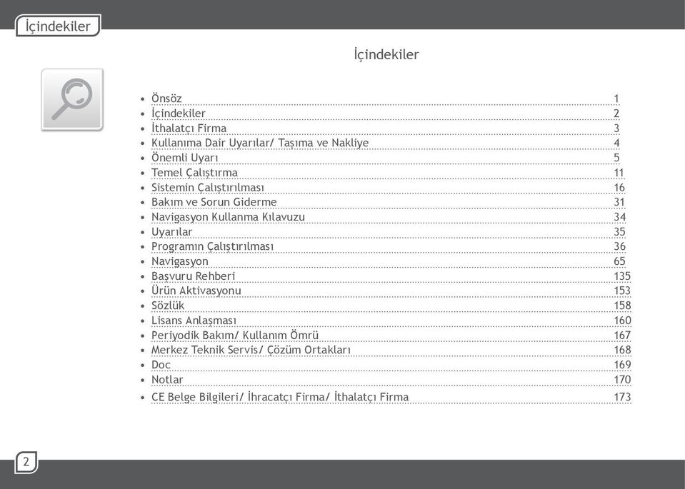 Çalıştırılması 36 Navigasyon 65 Başvuru Rehberi 135 Ürün Aktivasyonu 153 Sözlük 158 Lisans Anlaşması 160 Periyodik Bakım/