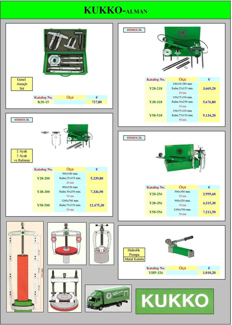 Y38-300 Rulm.30x250 mm. 7.336,90 30 ton Y58-500 1200x700 mm. Rulm.75x330 mm. 12.475,30 50 ton Katalog No.