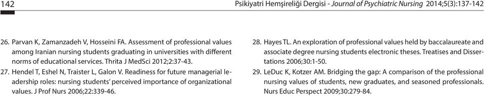 Hendel T, Eshel N, Traister L, Galon V. Readiness for future managerial leadership roles: nursing students perceived importance of organizational values. J Prof Nurs 2006;22:339-46. 28. Hayes TL.