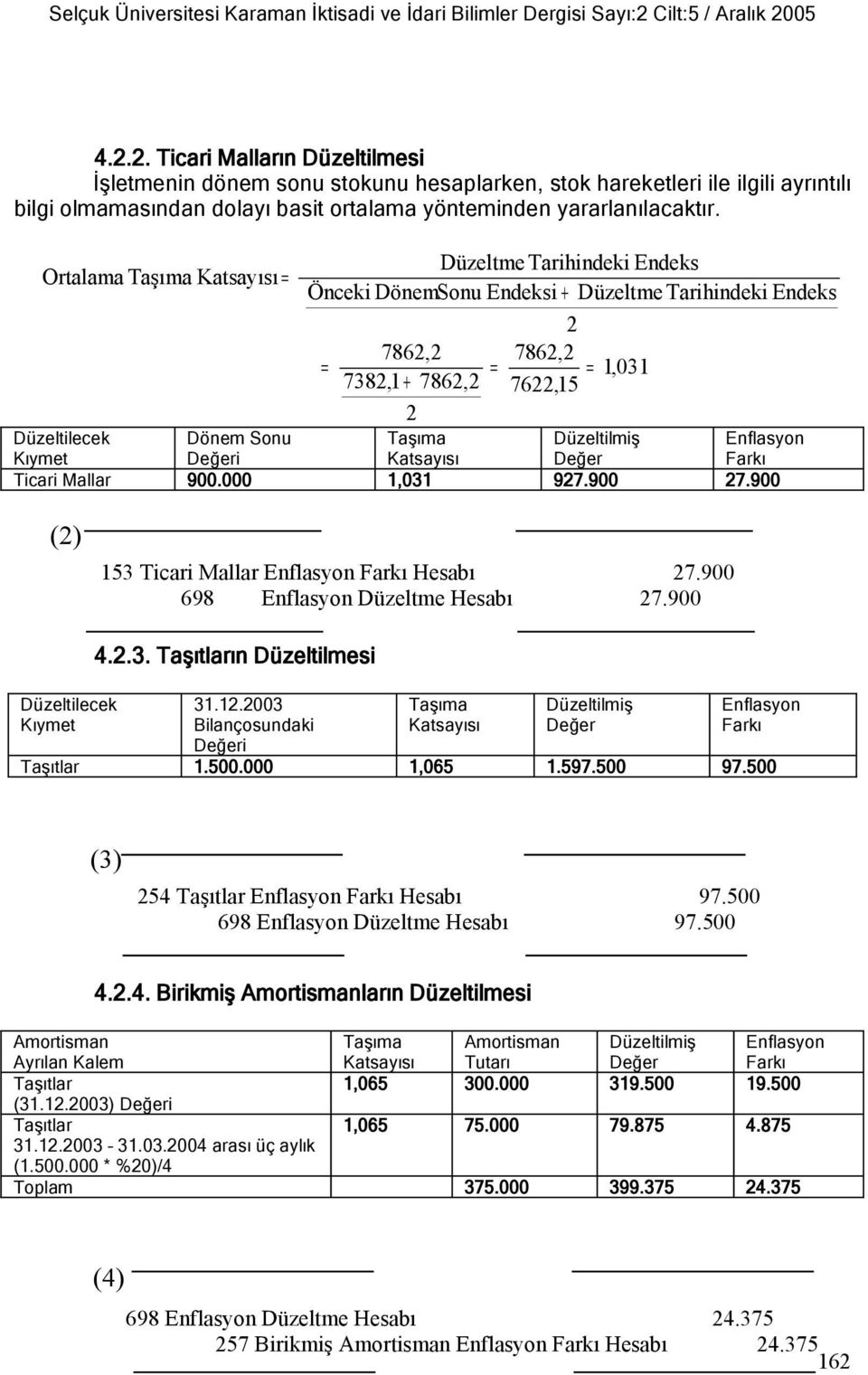 Ortalama Taşıma Katsayısı Düzeltme Tarihindeki Endeks Önceki DönemSonu Endeksi + Düzeltme Tarihindeki Endeks 2 7862,2 7862,2 1,031 7382,1 + 7862,2 7622,15 2 Düzeltilecek Kıymet Dönem Sonu i Taşıma