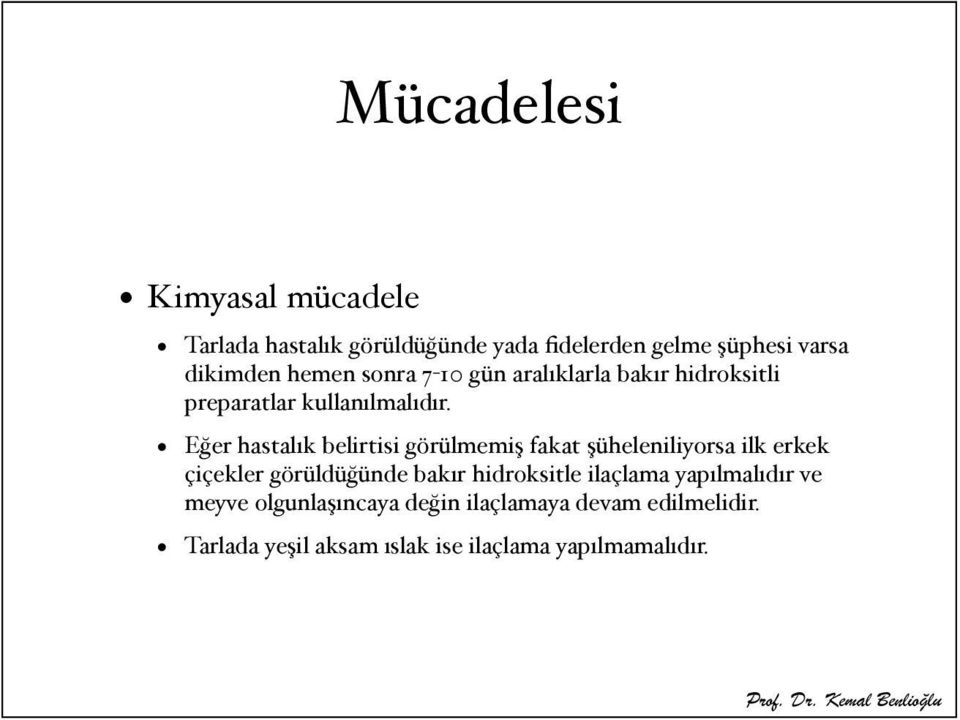 Eğer hastalık belirtisi görülmemiş fakat şüheleniliyorsa ilk erkek çiçekler görüldüğünde bakır hidroksitle