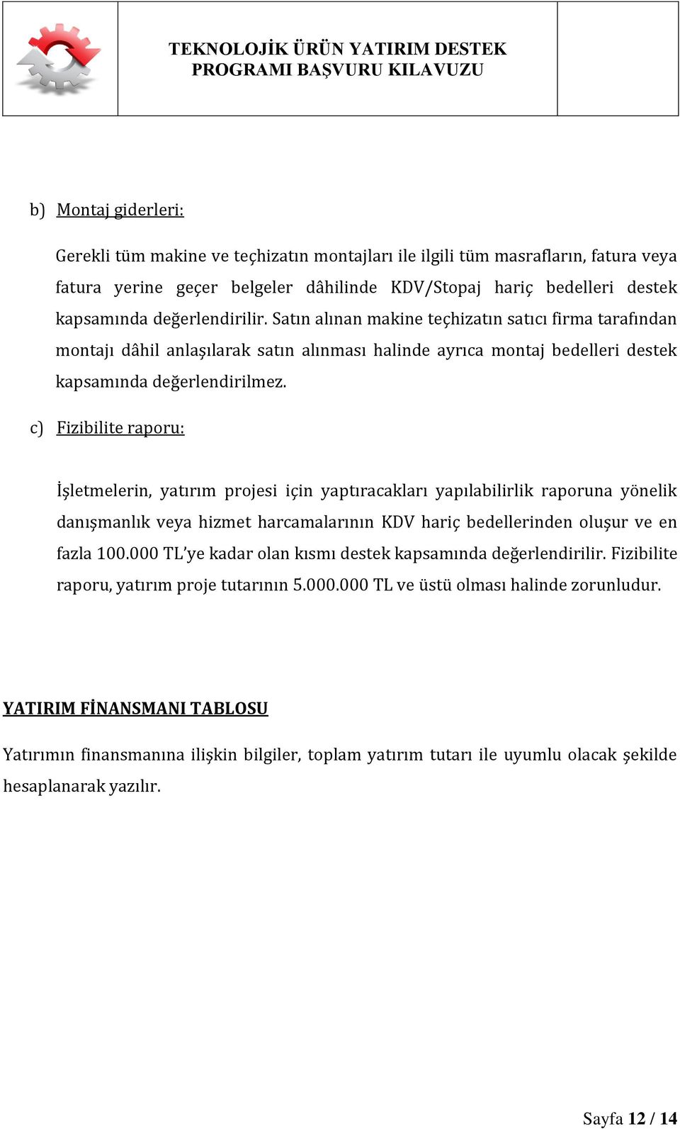 c) Fizibilite raporu: İşletmelerin, yatırım projesi için yaptıracakları yapılabilirlik raporuna yönelik danışmanlık veya hizmet harcamalarının KDV hariç bedellerinden oluşur ve en fazla 100.