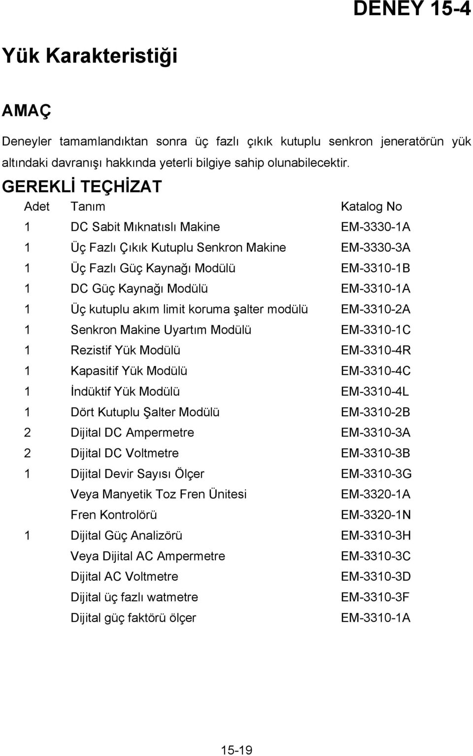 EM-3310-1A 1 Üç kutuplu akım limit koruma şalter modülü EM-3310-2A 1 Senkron Makine Uyartım Modülü EM-3310-1C 1 Rezistif Yük Modülü EM-3310-4R 1 Kapasitif Yük Modülü EM-3310-4C 1 İndüktif Yük Modülü