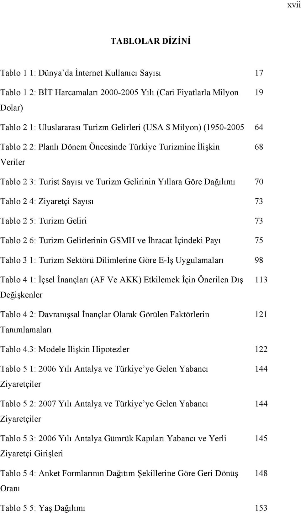 2 5: Turizm Geliri 73 Tablo 2 6: Turizm Gelirlerinin GSMH ve İhracat İçindeki Payı 75 Tablo 3 1: Turizm Sektörü Dilimlerine Göre E-İş Uygulamaları 98 Tablo 4 1: İçsel İnançları (AF Ve AKK) Etkilemek