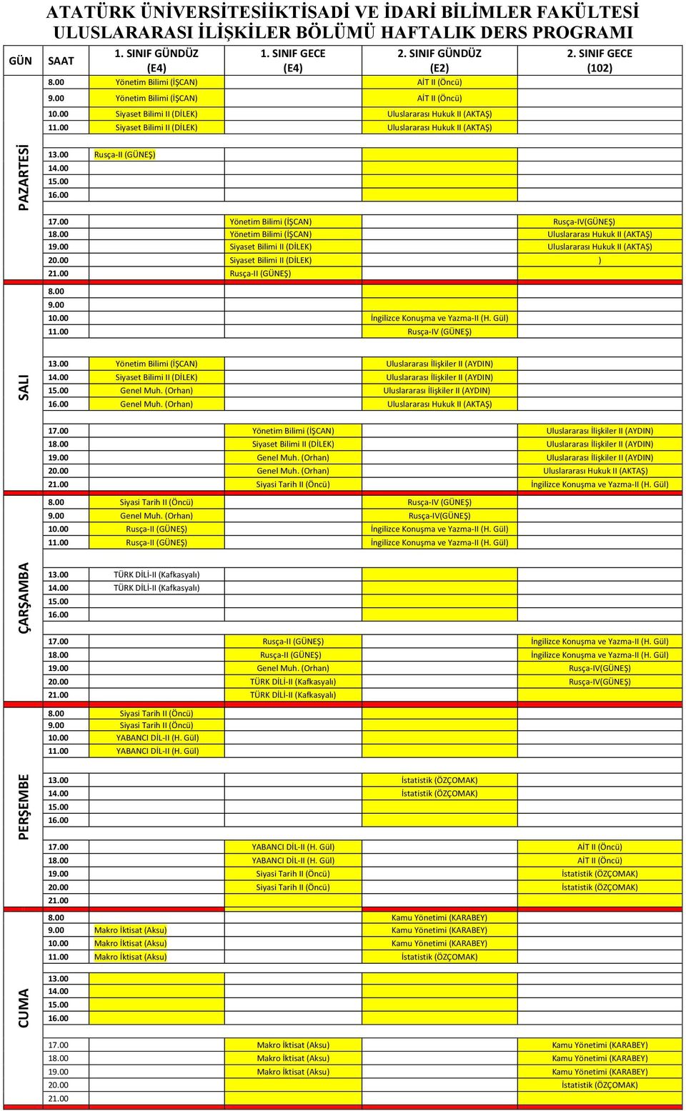 00 Siyaset Bilimi II (DİLEK) Uluslararası Hukuk II (AKTAŞ) 2. SINIF GECE (102) 13.00 Rusça-II (EŞ) 17.00 Yönetim Bilimi (İŞCAN) Rusça-IV(EŞ) 1 Yönetim Bilimi (İŞCAN) Uluslararası Hukuk II (AKTAŞ) 19.