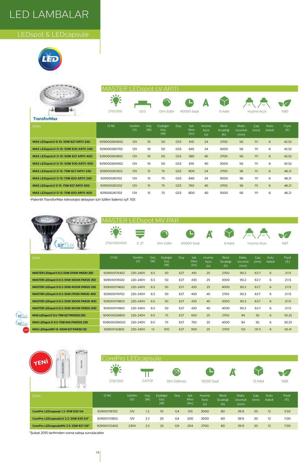 52 MAS LEDspotLV D 10-50W 827 AR111 40D 929000260802 12V 10 50 G53 580 40 2700 56 111 6 42.52 MAS LEDspotLV D 10-50W 830 AR111 40D 929000260902 12V 10 50 G53 610 40 3000 56 111 6 42.