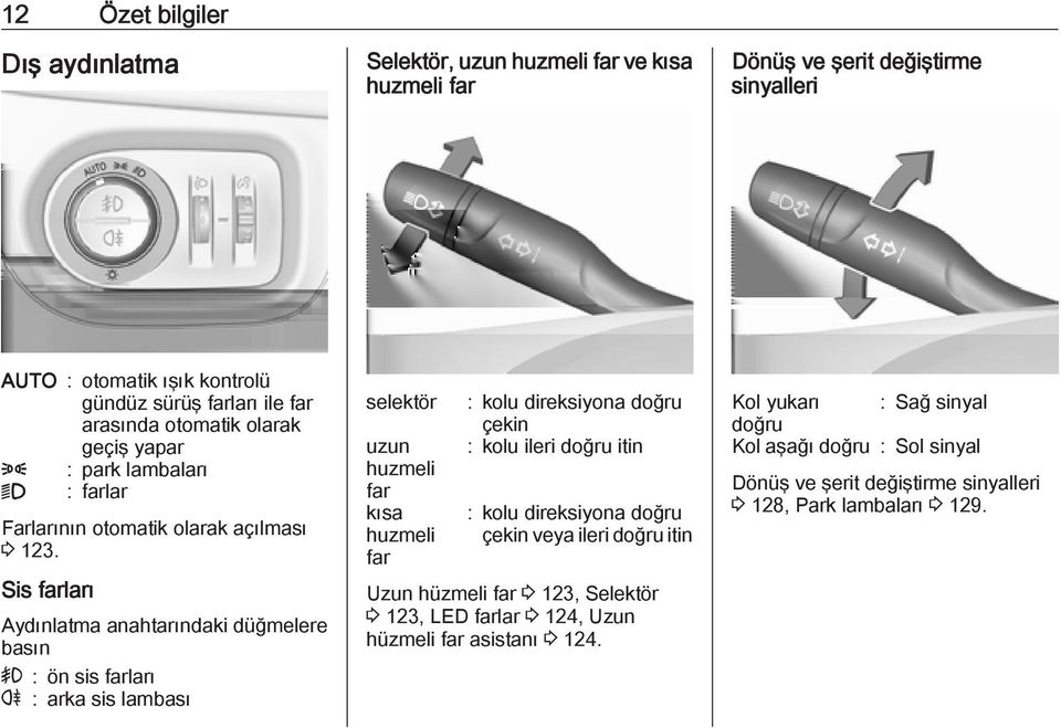 Sis farları Aydınlatma anahtarındaki düğmelere basın > : ön sis farları r : arka sis lambası selektör uzun huzmeli far kısa huzmeli far : kolu direksiyona doğru çekin : kolu ileri doğru