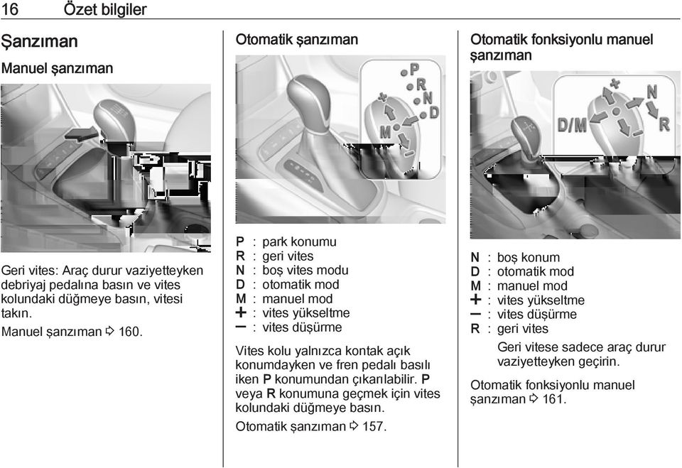 P : park konumu R : geri vites N : boş vites modu D : otomatik mod M : manuel mod < : vites yükseltme ] : vites düşürme Vites kolu yalnızca kontak açık konumdayken ve fren pedalı