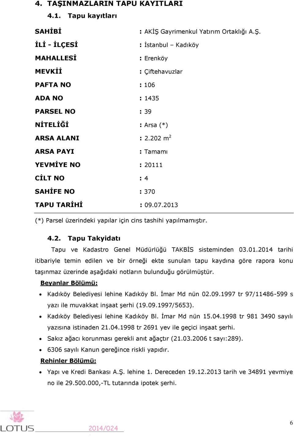 0.204 tarihi itibariyle temin edilen ve bir örneği ekte sunulan tapu kaydına göre rapora konu taşınmaz üzerinde aşağıdaki notların bulunduğu görülmüştür.