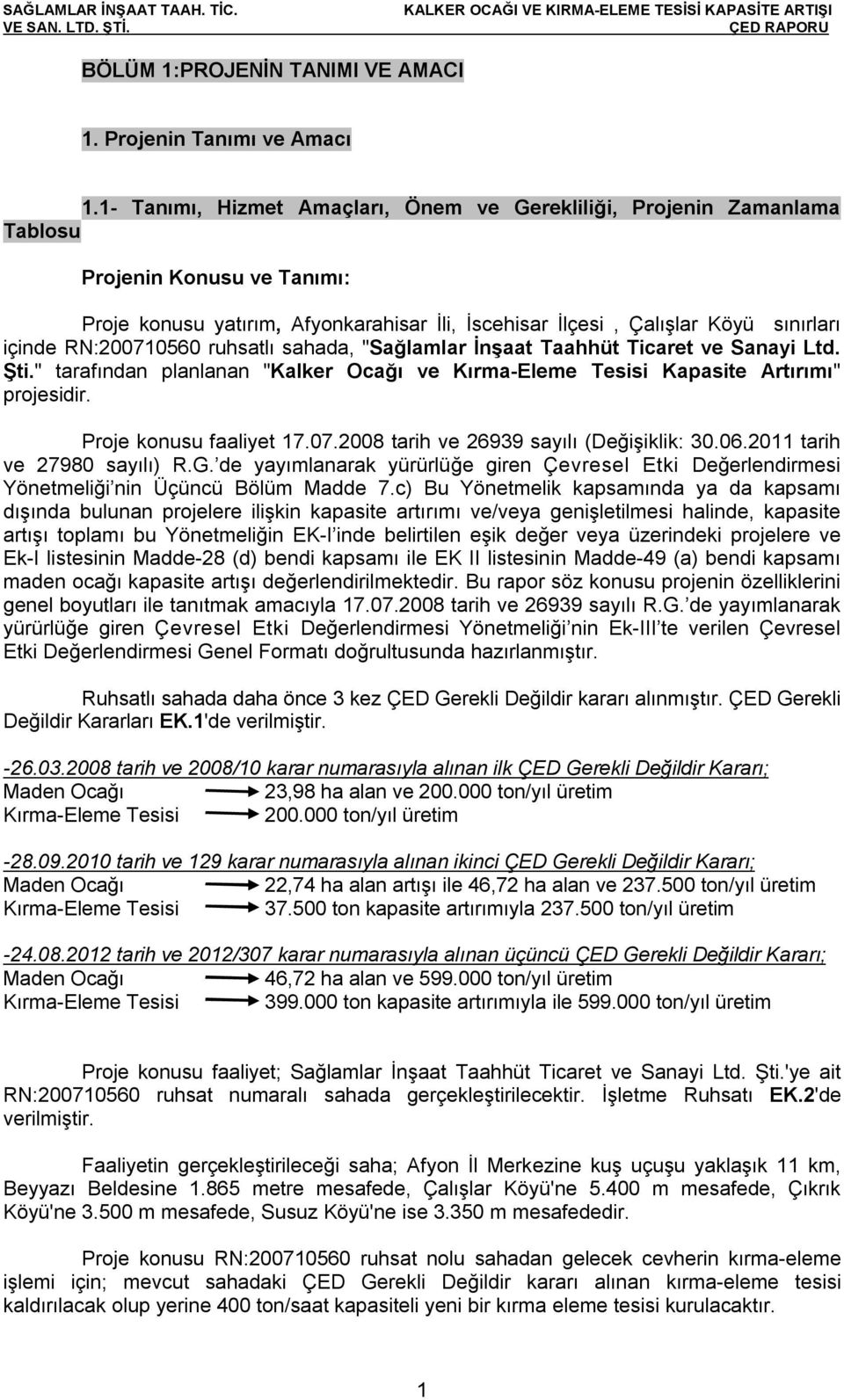 RN:200710560 ruhsatlı sahada, "Sağlamlar İnşaat Taahhüt Ticaret ve Sanayi Ltd. Şti." tarafından planlanan "Kalker Ocağı ve Kırma-Eleme Tesisi Kapasite Artırımı" projesidir. Proje konusu faaliyet 17.