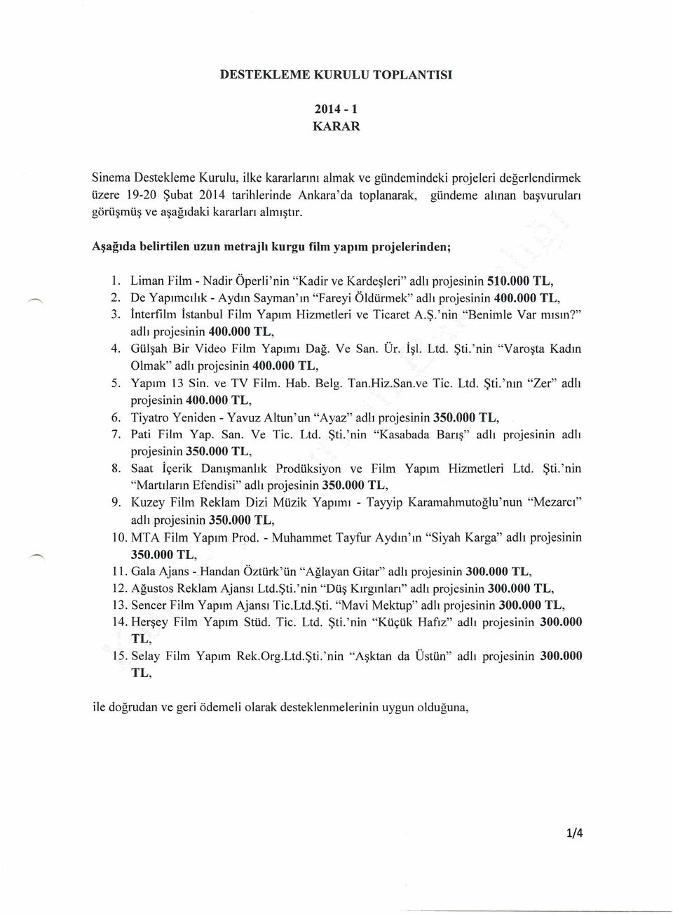 De Yapımcılık - Aydın Sayman'ın "Fareyi Öldürmek" adlı projesinin 400.000 3. İnterfilm İstanbul Film Yapım Hizmetleri ve Ticaret A.Ş.'nin "Benimle Var mısın?" adlı projesinin 400.000 4.