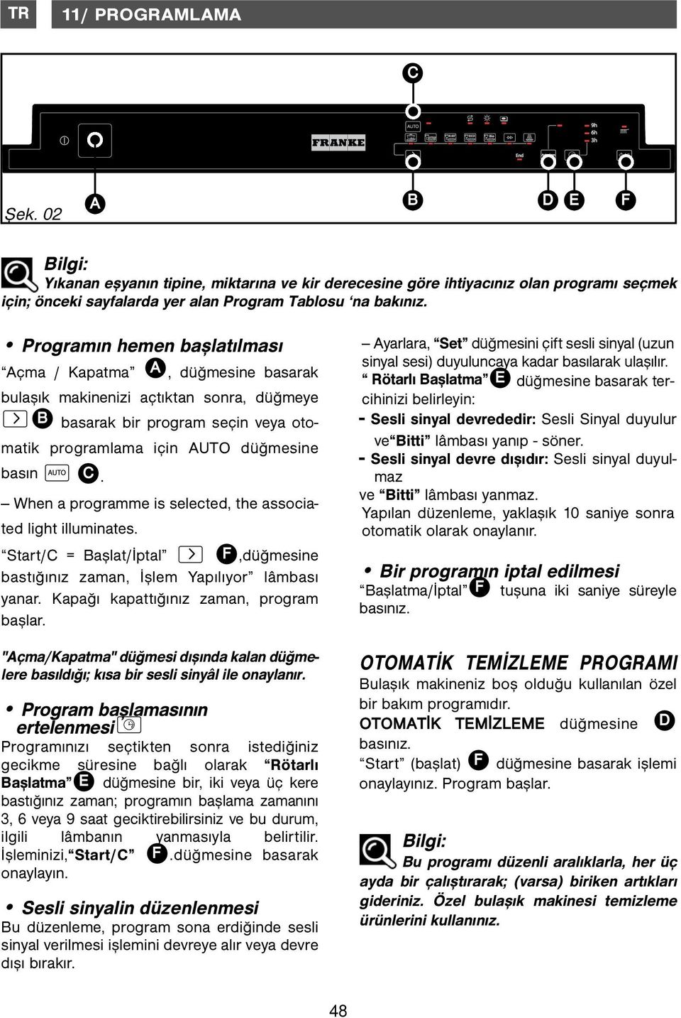 When a programme is selected, the associated light illuminates. Start/C = Başlat/İptal F,düğmesine bastığınız zaman, İşlem Yapılıyor lâmbası yanar. Kapağı kapattığınız zaman, program başlar.