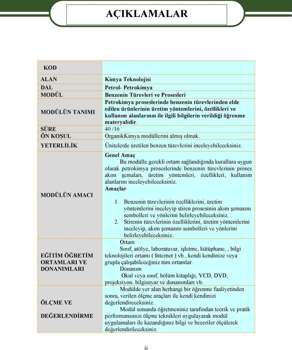 YETERLİLİK MODÜLÜN AMACI EĞİTİM ÖĞRETİM ORTAMLARI VE DONANIMLARI ÖLÇME VE DEĞERLENDİRME Ünitelerde üretilen benzen türevlerini inceleyebileceksiniz.