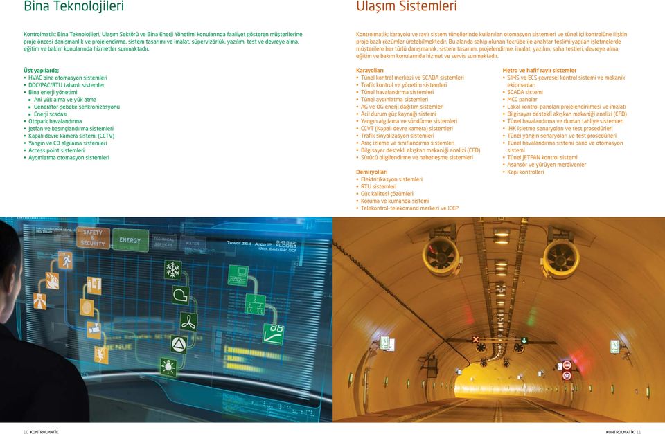 Kontrolmatik; karayolu ve raylı sistem tünellerinde kullanılan otomasyon sistemleri ve tünel içi kontrolüne ilişkin proje bazlı çözümler üretebilmektedir.