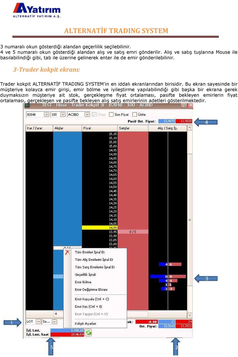 3-Trader kokpit ekranı: Trader kokpit ALTERNATİF TRADING SYSTEM in en iddalı ekranlarından birisidir.