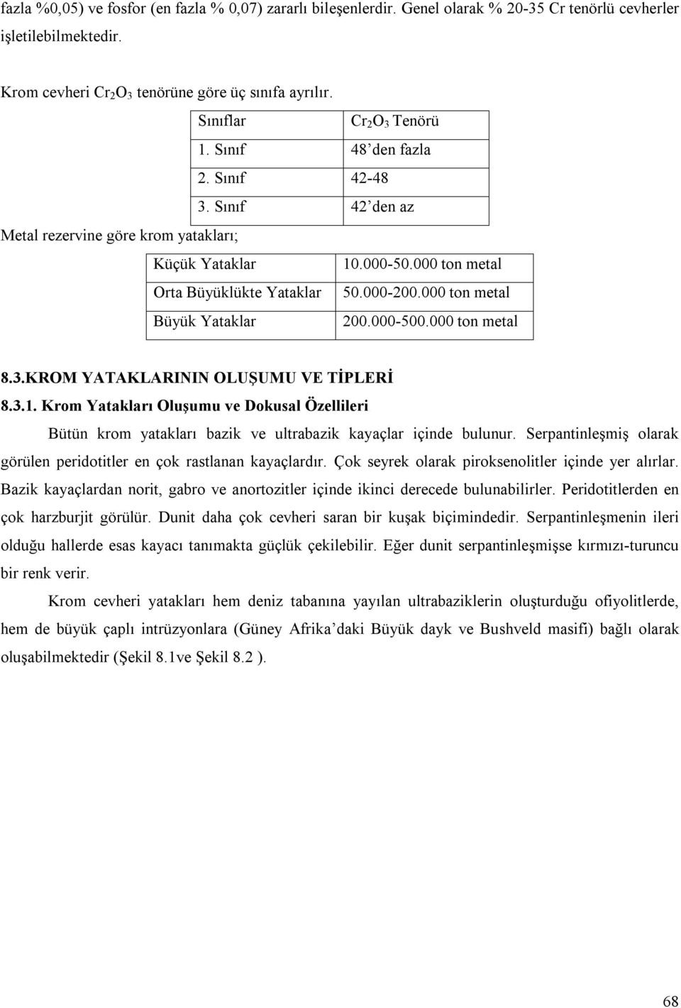 000 ton metal Büyük Yataklar 200.000-500.000 ton metal 8.3.KROM YATAKLARININ OLUŞUMU VE TİPLERİ 8.3.1.