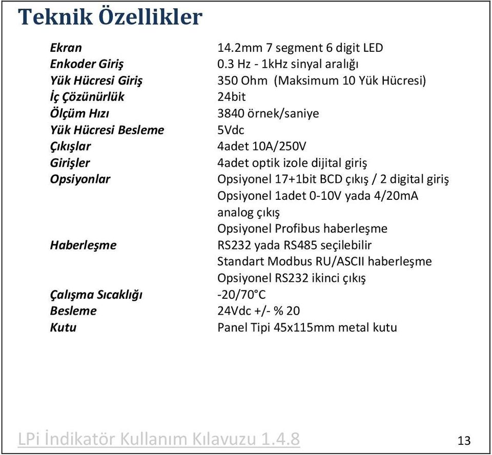 3 Hz - 1kHz sinyal aralığı 350 Ohm (Maksimum 10 Yük Hücresi) 24bit 3840 örnek/saniye 5Vdc 4adet 10A/250V 4adet optik izole dijital giriş Opsiyonel 17+1bit BCD