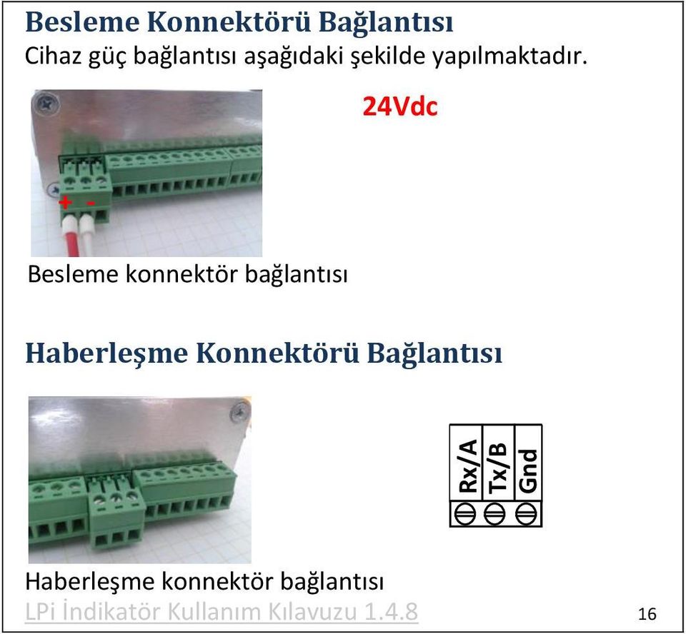 24Vdc + - Besleme konnektör bağlantısı Haberleşme Konnektörü