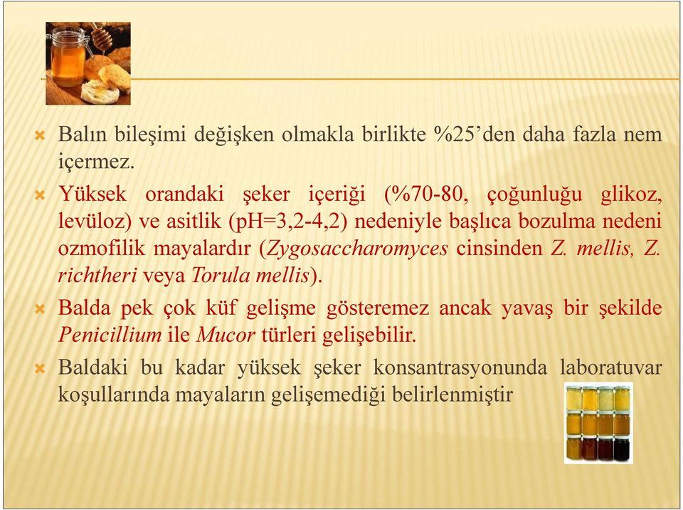 ozmofilik mayalardır (Zygosaccharomyces cinsinden Z. mellis, Z. richtheri veya Torula mellis).