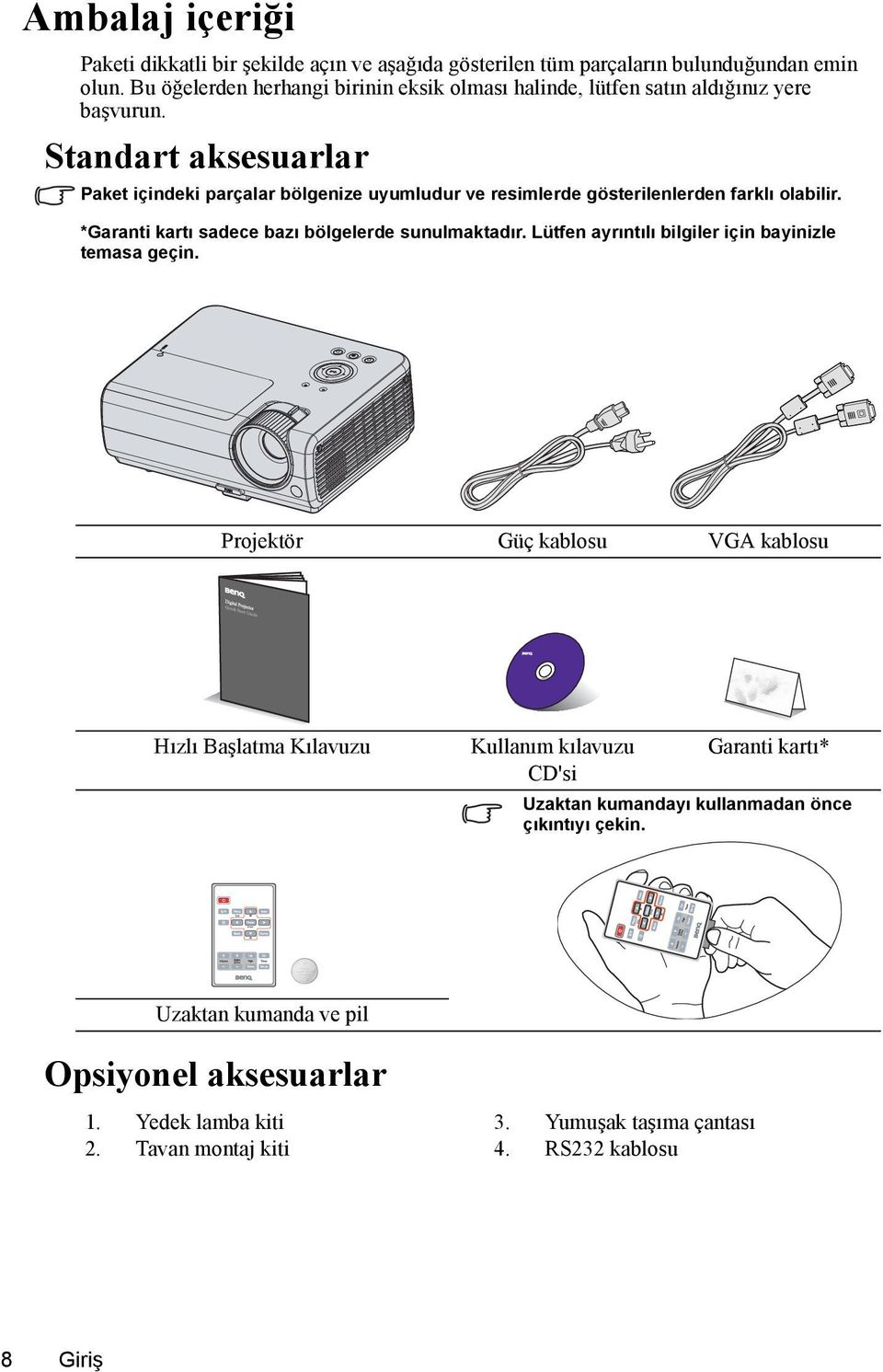 Standart aksesuarlar Paket içindeki parçalar bölgenize uyumludur ve resimlerde gösterilenlerden farklı olabilir. *Garanti kartı sadece bazı bölgelerde sunulmaktadır.