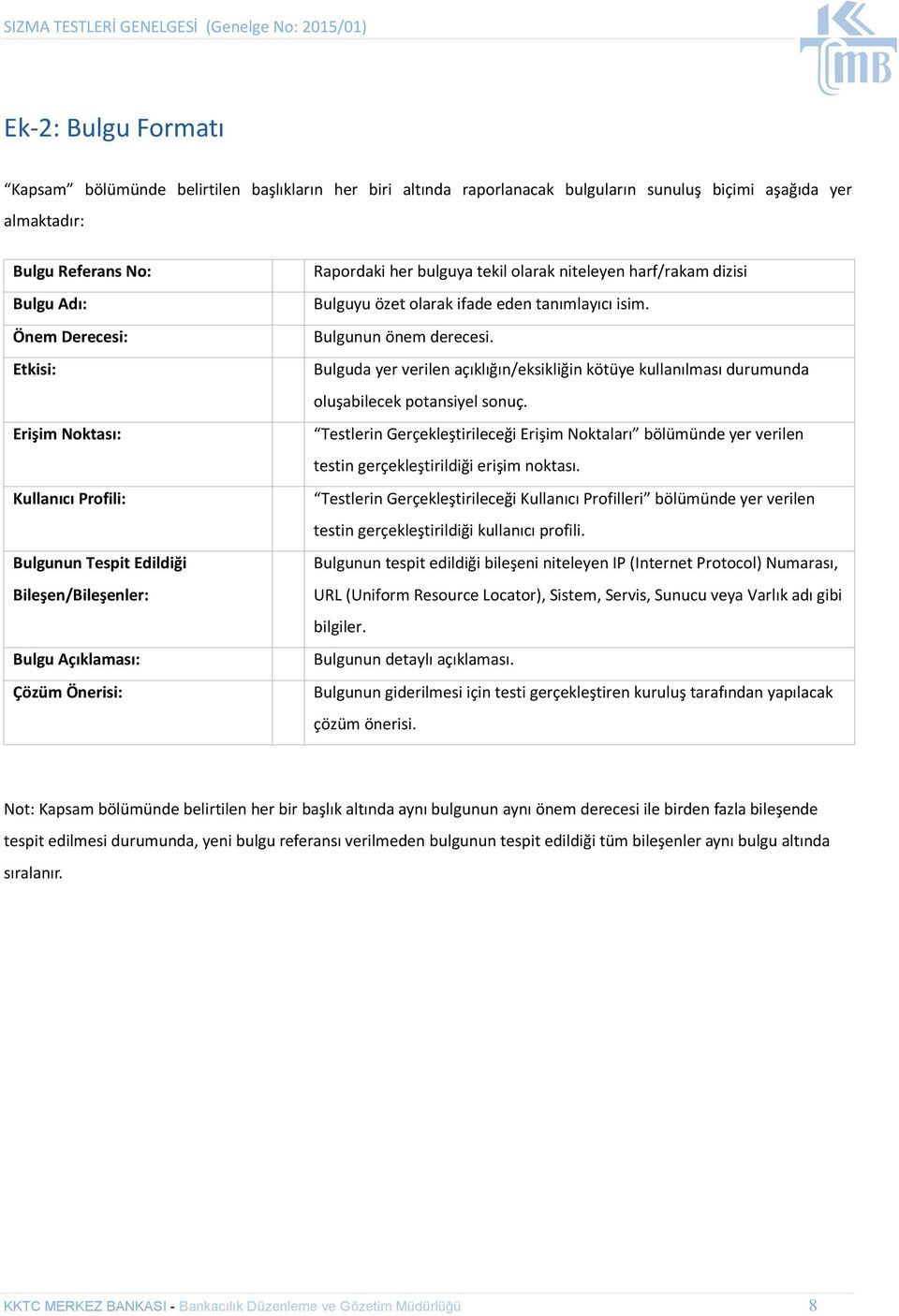 tanımlayıcı isim. Bulgunun önem derecesi. Bulguda yer verilen açıklığın/eksikliğin kötüye kullanılması durumunda oluşabilecek potansiyel sonuç.