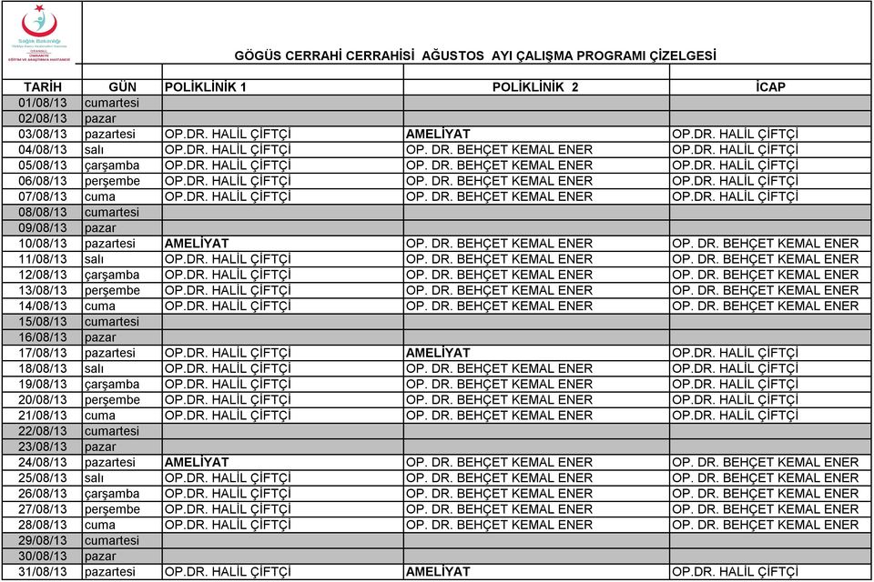 DR. HALİL ÇİFTÇİ OP. DR. BEHÇET KEMAL ENER OP.DR. HALİL ÇİFTÇİ 08/08/13 cumartesi 09/08/13 pazar 10/08/13 pazartesi AMELİYAT OP. DR. BEHÇET KEMAL ENER OP. DR. BEHÇET KEMAL ENER 11/08/13 salı OP.DR. HALİL ÇİFTÇİ OP. DR. BEHÇET KEMAL ENER OP. DR. BEHÇET KEMAL ENER 12/08/13 çarşamba OP.